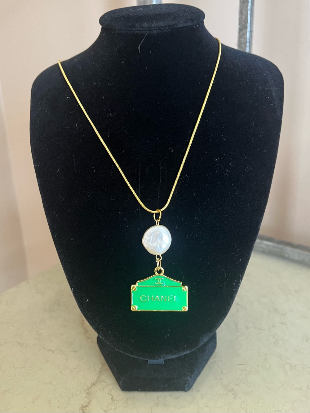 Chanel Gold Chain Necklace with Green Enamel Plaque and Pearl Charm 20” chain
